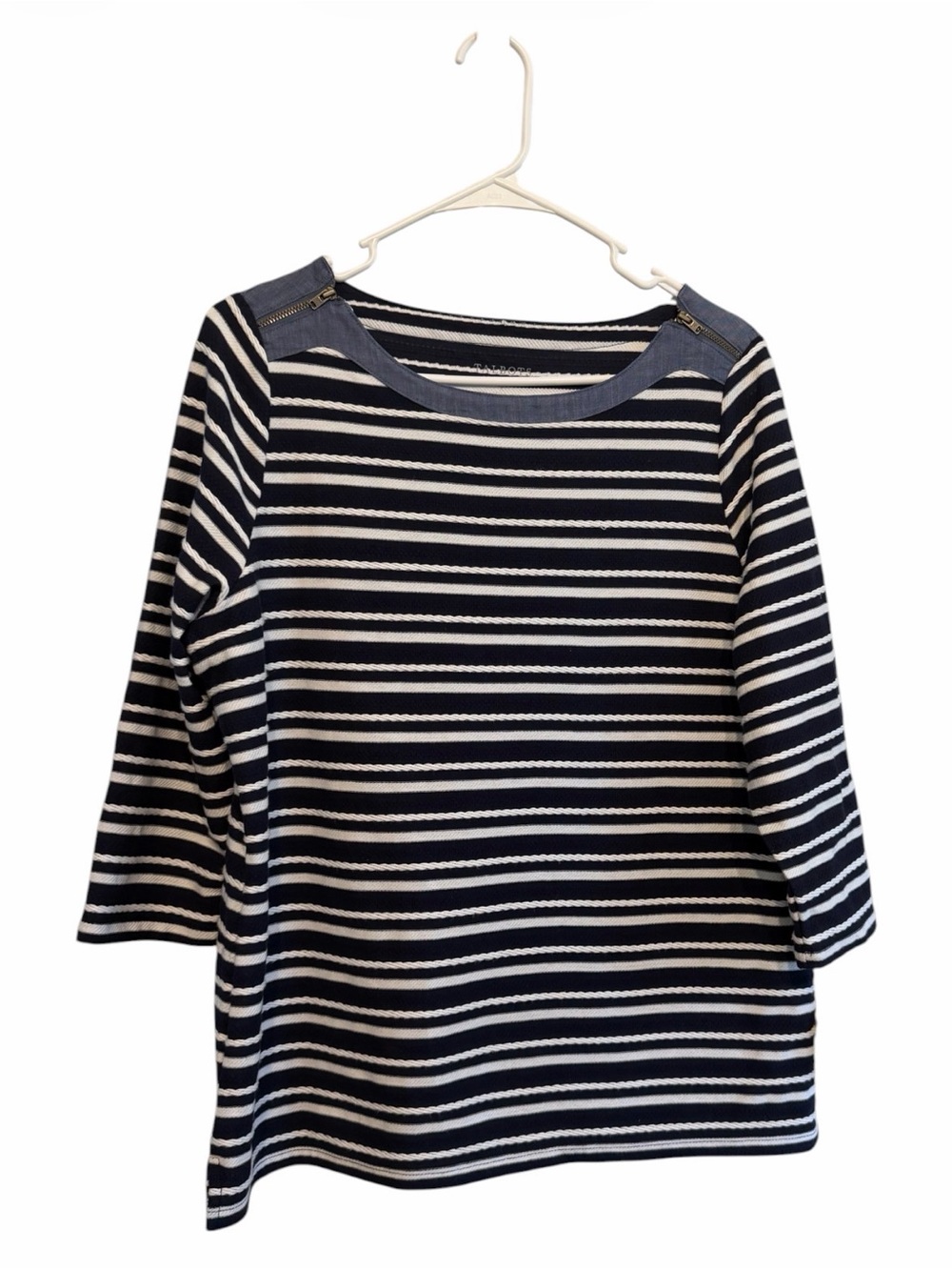 Talbots Navy and White Striped Boatneck Zip-Shoulder Top